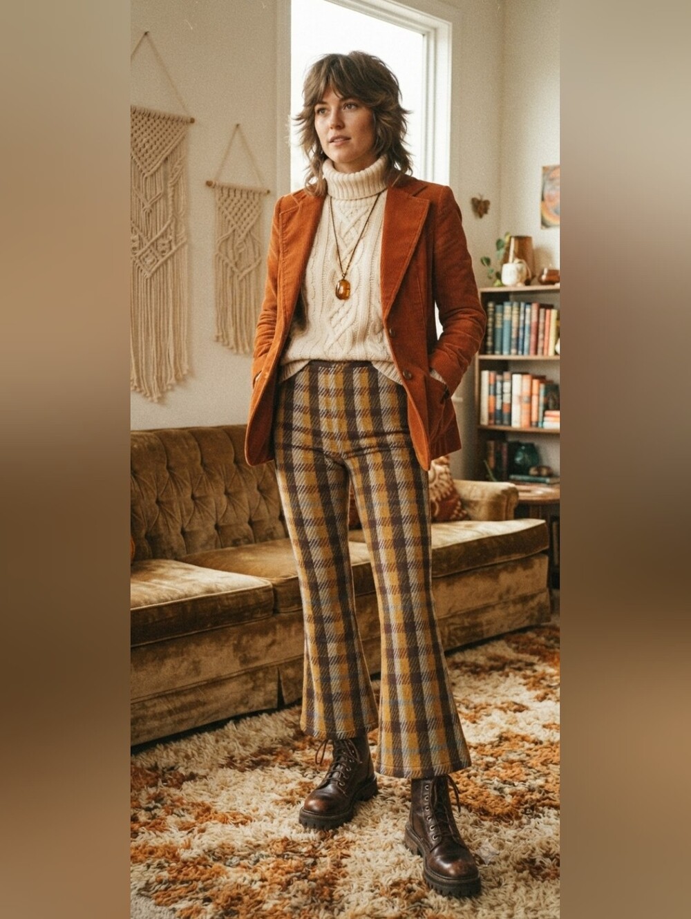 Free People Chloe Plaid Knit Flare Pants Mustard Combo - Size S (24" Inseam)